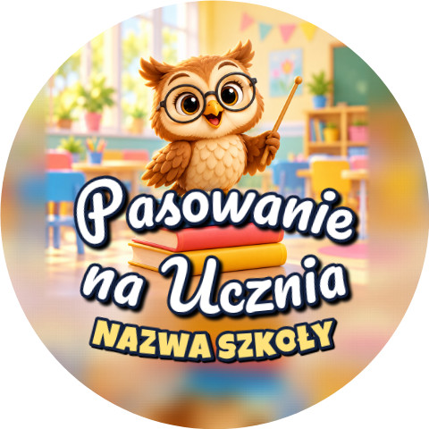 Wzór: Przypinka Pasowanie na Ucznia z Nazwą Szkoły Sowa Nauczycielka – napis Pasowanie na Ucznia i pole nazwa szkoły