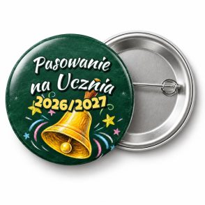 Przypinka Pasowanie na Ucznia z Rokiem Szkolnym Dzwonek: przypinka na pasowanie pierwszoklasisty z napisem Pasowanie na Ucznia oraz polem rok szkolny (np. 2026/2027) – przód i aluminiowy tył z agrafką