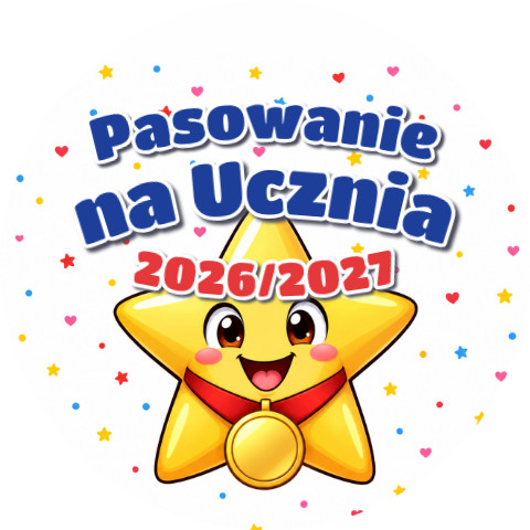 Wzór: Przypinka Pasowanie na Ucznia z Rokiem Szkolnym Gwiazdka z Medalem – napis Pasowanie na Ucznia i pole rok szkolny