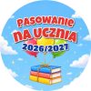 Wzór: Przypinka Pasowanie na Ucznia z Rokiem Szkolnym Książki na Balonikach – napis Pasowanie na Ucznia i pole rok szkolny