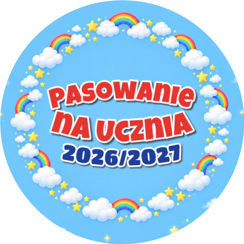 Wzór: Przypinka Pasowanie na Ucznia z Rokiem Szkolnym Pierścień Chmurek – napis Pasowanie na Ucznia i pole rok szkolny