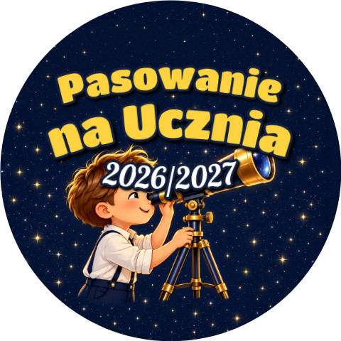 Wzór: Przypinka Pasowanie na Ucznia z Rokiem Szkolnym Teleskop – napis Pasowanie na Ucznia i pole rok szkolny