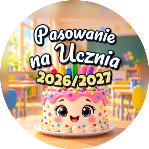 Wzór: Przypinka Pasowanie na Ucznia z Rokiem Szkolnym Tort – napis Pasowanie na Ucznia i pole rok szkolny