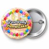 Przypinka Pasowanie Pierwszaka Krąg Baloników: przypinka na pasowanie pierwszoklasisty z napisem Pasowanie pierwszaka – przód i aluminiowy tył z agrafką