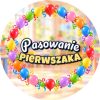 Wzór: Przypinka Pasowanie Pierwszaka Krąg Baloników – grafika z napisem Pasowanie pierwszaka
