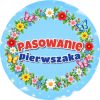 Wzór: Przypinka Pasowanie Pierwszaka Wianek z Kwiatów – grafika z napisem Pasowanie pierwszaka