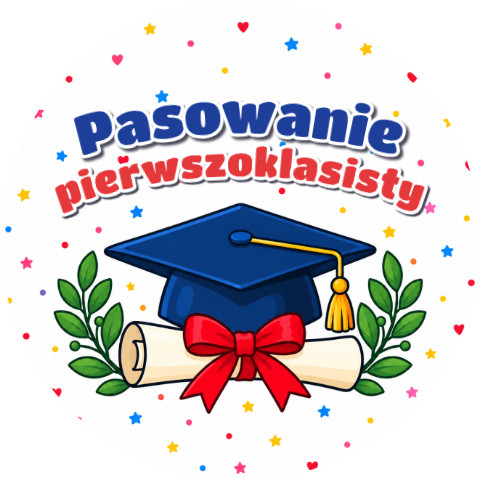 Wzór: Przypinka Pasowanie Pierwszoklasisty Biret i Zwój – grafika z napisem Pasowanie pierwszoklasisty