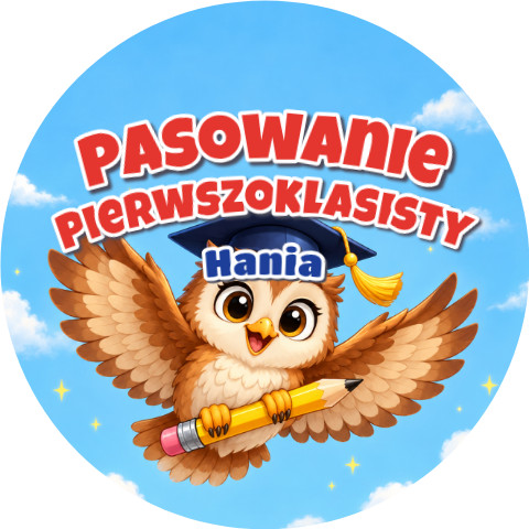 Wzór: Przypinka Pasowanie Pierwszoklasisty z Imieniem Latająca Sowa – napis Pasowanie Pierwszoklasisty i pole imię