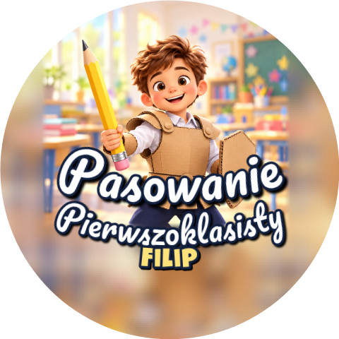 Wzór: Przypinka Pasowanie Pierwszoklasisty z Imieniem Rycerz z Ołówkiem – napis Pasowanie Pierwszoklasisty i pole imię