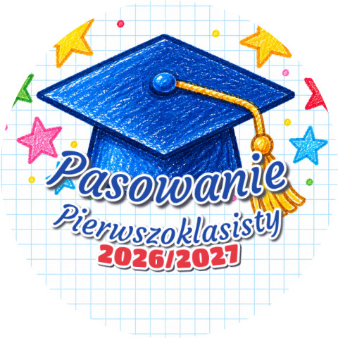 Wzór: Przypinka Pasowanie Pierwszoklasisty z Rokiem Szkolnym Kredkowy Biret – napis Pasowanie Pierwszoklasisty i pole rok szkolny