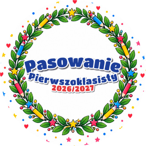 Wzór: Przypinka Pasowanie Pierwszoklasisty z Rokiem Szkolnym Wianek Laurowy – napis Pasowanie Pierwszoklasisty i pole rok szkolny