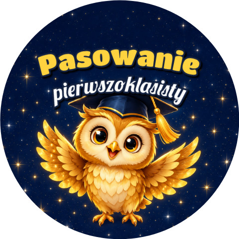 Wzór: Przypinka Pasowanie Pierwszoklasisty Złota Sowa – grafika z napisem Pasowanie pierwszoklasisty