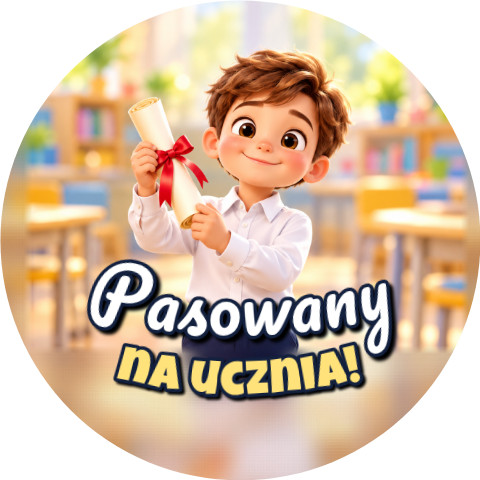 Wzór: Przypinka Pasowany na Ucznia Chłopiec z Dyplomem – grafika z napisem Pasowany na ucznia!
