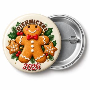Przypinka Pierniczek Ludzik: przypinka na Boże Narodzenie z napisem PIERNICZKI oraz polem rok (np. 2026) – przód i aluminiowy tył z agrafką