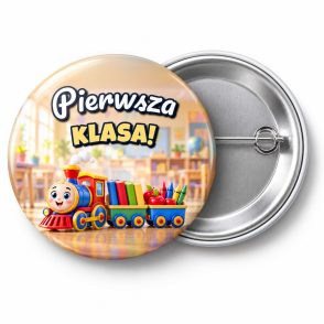 Przypinka Pierwsza Klasa Pociąg Wiedzy: przypinka na pasowanie pierwszoklasisty z napisem Pierwsza klasa! – przód i aluminiowy tył z agrafką