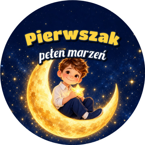 Wzór: Przypinka Pierwszak Pełen Marzeń Chłopiec na Księżycu – grafika z napisem Pierwszak pełen marzeń