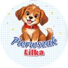Wzór: Przypinka Pierwszak z Imieniem Kredkowy Pies – napis Pierwszak i pole imię
