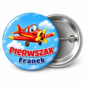 Przypinka Pierwszak z Imieniem Samolot: przypinka na pasowanie pierwszoklasisty z napisem Pierwszak oraz polem imię (np. Franek) – przód i aluminiowy tył z agrafką
