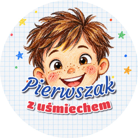 Wzór: Przypinka Pierwszak z Uśmiechem Kredkowa Buzia – grafika z napisem Pierwszak z uśmiechem