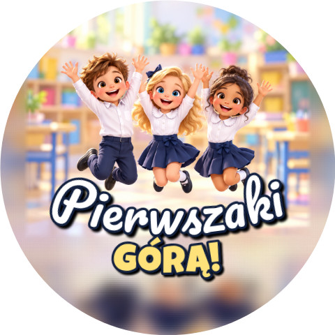 Wzór: Przypinka Pierwszaki Górą Skaczące Dzieci – grafika z napisem Pierwszaki górą!