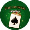 Wzór: Przypinka Pod Nowym Zarządem Karta Pik z Diademem – grafika z napisem Pod nowym zarządem