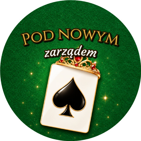 Wzór: Przypinka Pod Nowym Zarządem Karta Pik z Diademem – grafika z napisem Pod nowym zarządem