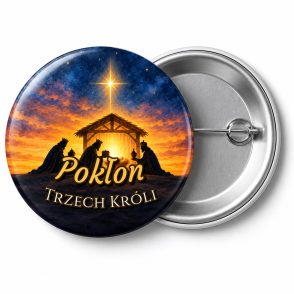 Przypinka Pokłon Trzech Króli: przypinka na Orszak Trzech Króli z napisem Pokłon Trzech Króli – przód i aluminiowy tył z agrafką