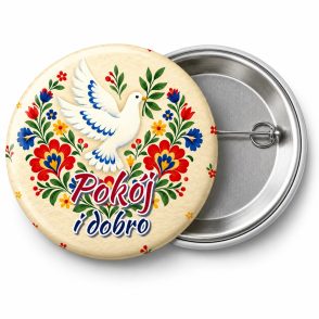 Przypinka Pokój i Dobro: przypinka na Orszak Trzech Króli z napisem Pokój i dobro – przód i aluminiowy tył z agrafką