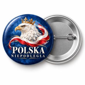 Przypinka Polska Niepodległa Orzeł: przypinka na 11 Listopada z napisem POLSKA NIEPODLEGŁA – przód i aluminiowy tył z agrafką