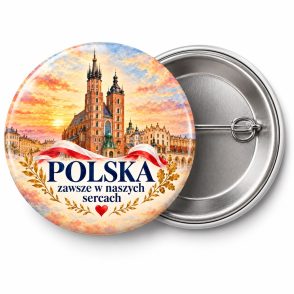 Przypinka Polska w Naszych Sercach: przypinka na 11 Listopada z napisem POLSKA zawsze w naszych sercach – przód i aluminiowy tył z agrafką