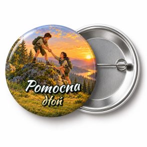 Przypinka Pomocna Dłoń: przypinka na Dzień Myśli Braterskiej z napisem Pomocna dłoń – przód i aluminiowy tył z agrafką