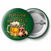 Przypinka Postaw Mi Piwo Kufel przy Żetonach: przypinka na wieczór kawalerski z napisem Postaw mi piwo, żenię się! – przód i aluminiowy tył z agrafką