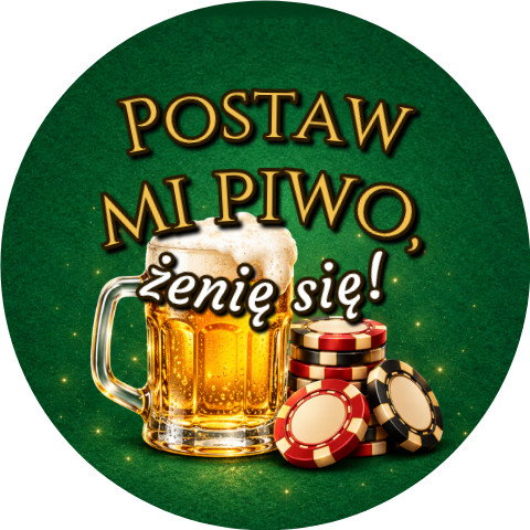 Wzór: Przypinka Postaw Mi Piwo Kufel przy Żetonach – grafika z napisem Postaw mi piwo, żenię się!