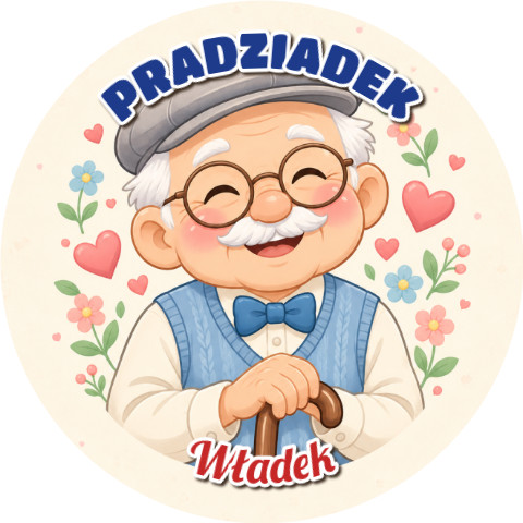 Wzór: Przypinka Pradziadek Emblemat – napis PRADZIADEK i pole imię na pastelowej grafice