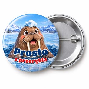 Przypinka Prosto z Przerębla: przypinka dla morsów z napisem Prosto z przerębla – przód i aluminiowy tył z agrafką