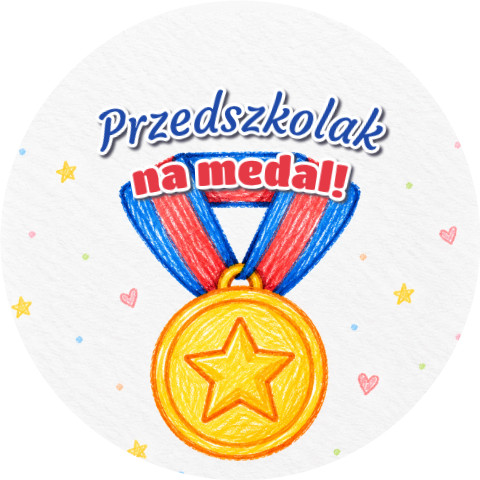 Wzór: Przypinka Przedszkolak na Medal Kredkowy Medal – grafika z napisem Przedszkolak na medal!