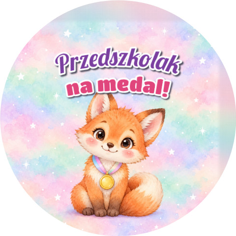 Wzór: Przypinka Przedszkolak na Medal Lisek z Medalem – grafika z napisem Przedszkolak na medal!