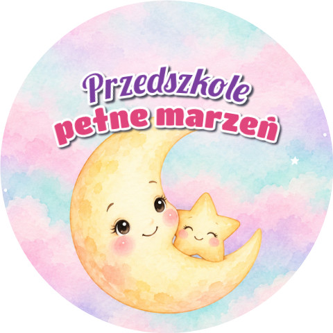 Wzór: Przypinka Przedszkole Pełne Marzeń Księżyc – grafika z napisem Przedszkole pełne marzeń