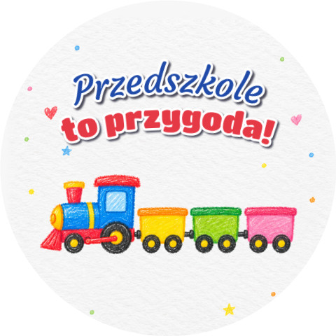 Wzór: Przypinka Przedszkole To Przygoda Kredkowy Pociąg – grafika z napisem Przedszkole to przygoda!