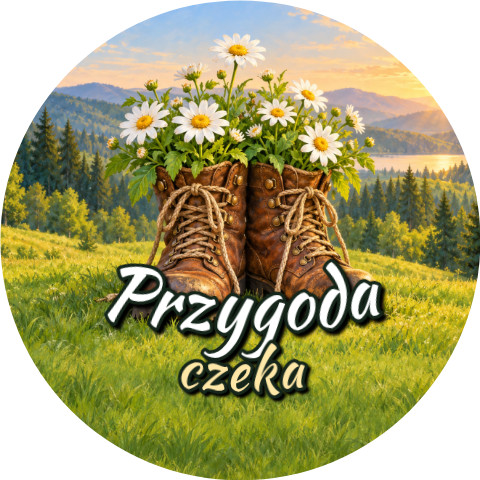 Wzór: Przypinka Przygoda Czeka – grafika z napisem Przygoda czeka
