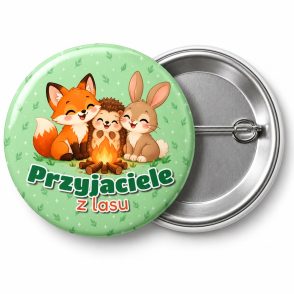 Przypinka Przyjaciele z Lasu: przypinka na Dzień Myśli Braterskiej z napisem Przyjaciele z lasu – przód i aluminiowy tył z agrafką