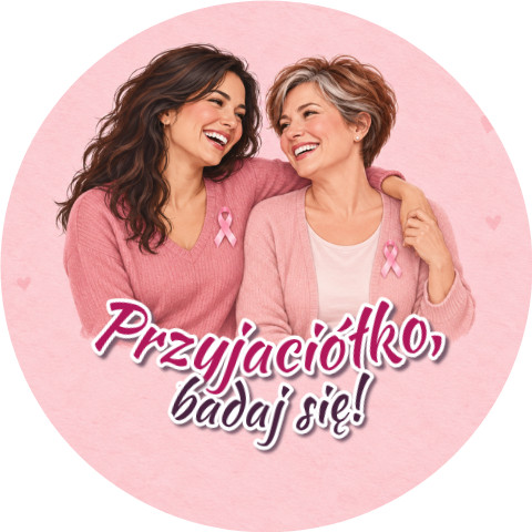 Wzór: Przypinka Przyjaciółko Badaj Się – grafika z napisem Przyjaciółko, badaj się!