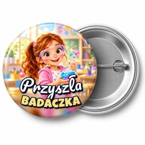 Przypinka Przyszła Badaczka Kolorowa Kolba: przypinka na pasowanie pierwszoklasisty z napisem Przyszła badaczka – przód i aluminiowy tył z agrafką