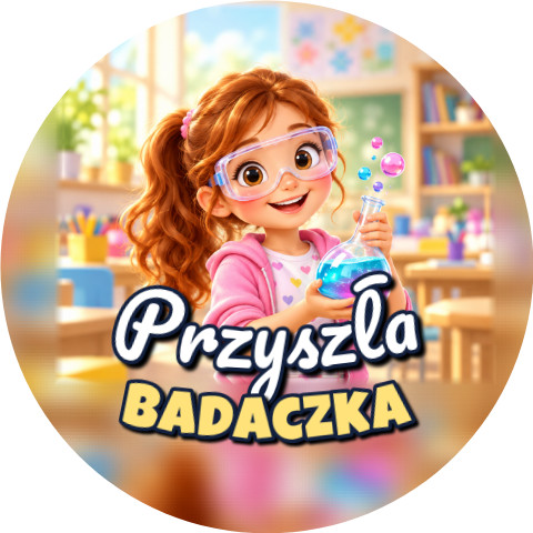 Wzór: Przypinka Przyszła Badaczka Kolorowa Kolba – grafika z napisem Przyszła badaczka