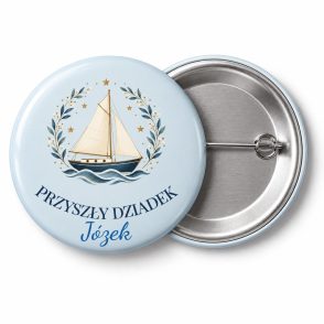 Przypinka Przyszły Dziadek: kolorowa przypinka na baby shower z napisem PRZYSZŁY DZIADEK oraz polem imię (np. Józek) – przód i aluminiowy tył z agrafką