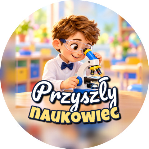 Wzór: Przypinka Przyszły Naukowiec Mikroskop – grafika z napisem Przyszły naukowiec