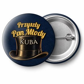 Przypinka Przyszły Pan Młody z Imieniem Cylinder: przypinka na wieczór kawalerski z napisem Przyszły Pan Młody oraz polem imię (np. Kuba) – przód i aluminiowy tył z agrafką