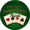 Wzór: Przypinka Przyszły Pan Młody z Imieniem Cztery Asy – napis Przyszły Pan Młody i pole imię