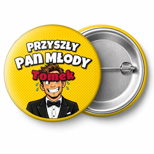 Przypinka Przyszły Pan Młody z Imieniem Komiksowy Pan Młody: przypinka na wieczór kawalerski z napisem Przyszły Pan Młody oraz polem imię (np. Tomek) – przód i aluminiowy tył z agrafką