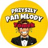 Wzór: Przypinka Przyszły Pan Młody z Imieniem Komiksowy Pan Młody – napis Przyszły Pan Młody i pole imię